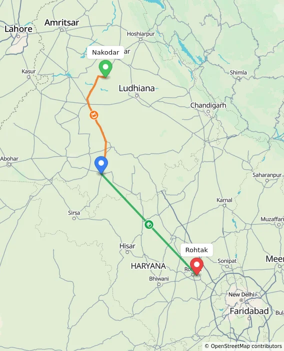 Route map showing distance and travel time from Nakodar, India to Rohtak, India