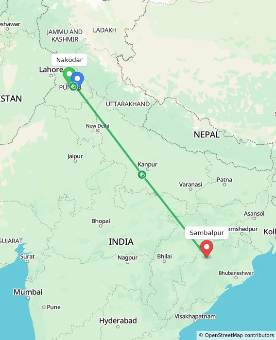 Route map showing distance and travel time from Nakodar, India to Sambalpur, India