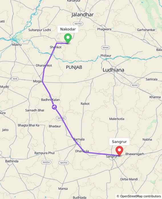 Route map showing distance and travel time from Nakodar, India to Sangrur, India