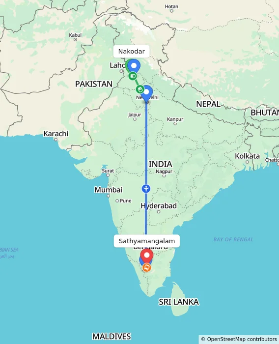 Route map showing distance and travel time from Nakodar, India to Sathyamangalam, India
