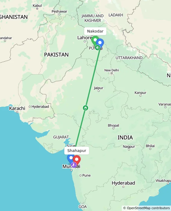 Route map showing distance and travel time from Nakodar, India to Shahapur, India
