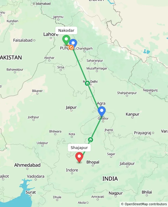 Route map showing distance and travel time from Nakodar, India to Shajapur, India