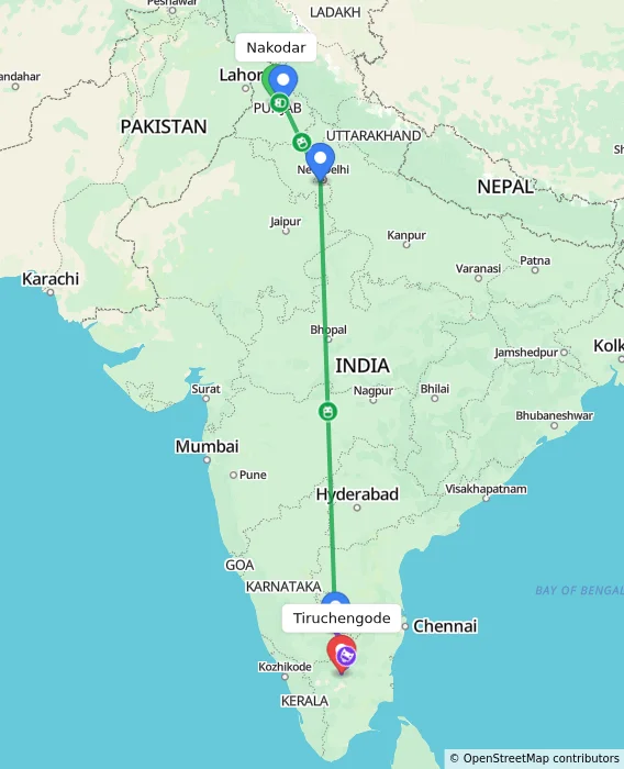 Route map showing distance and travel time from Nakodar, India to Tiruchengode, India
