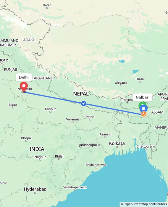 Route map showing distance and travel time from Nalbari, India to Delhi, India