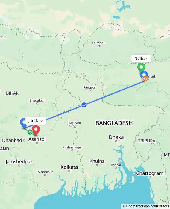 Route map showing distance and travel time from Nalbari, India to Jamtara, India