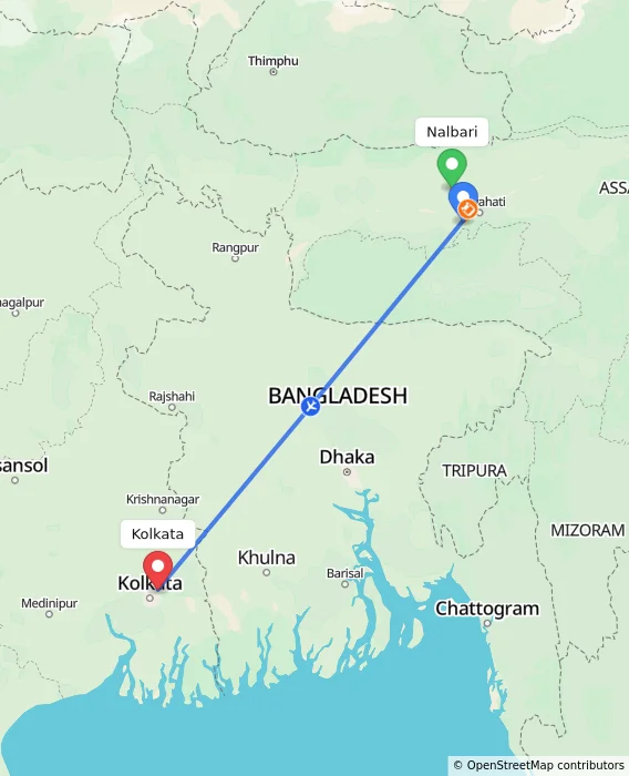 Route map showing distance and travel time from Nalbari, India to Kolkata, India