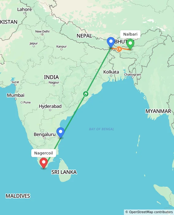 Route map showing distance and travel time from Nalbari, India to Nagercoil, India