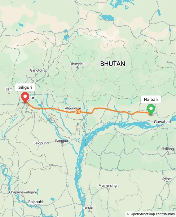 Route map showing distance and travel time from Nalbari, India to Siliguri, India