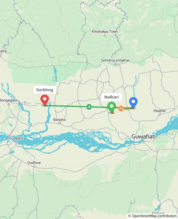 Route map showing distance and travel time from Nalbari, India to Sorbhog, India