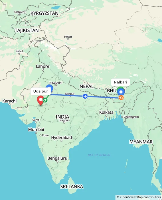 Route map showing distance and travel time from Nalbari, India to Udaipur, India
