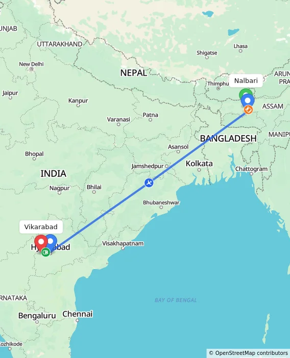 Route map showing distance and travel time from Nalbari, India to Vikarabad, India