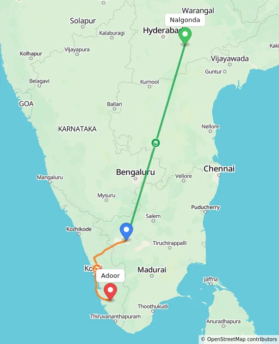 Route map showing distance and travel time from Nalgonda, India to Adoor, India