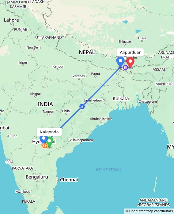 Route map showing distance and travel time from Nalgonda, India to Alipurduar, India