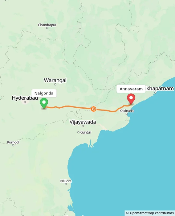 Route map showing distance and travel time from Nalgonda, India to Annavaram, India