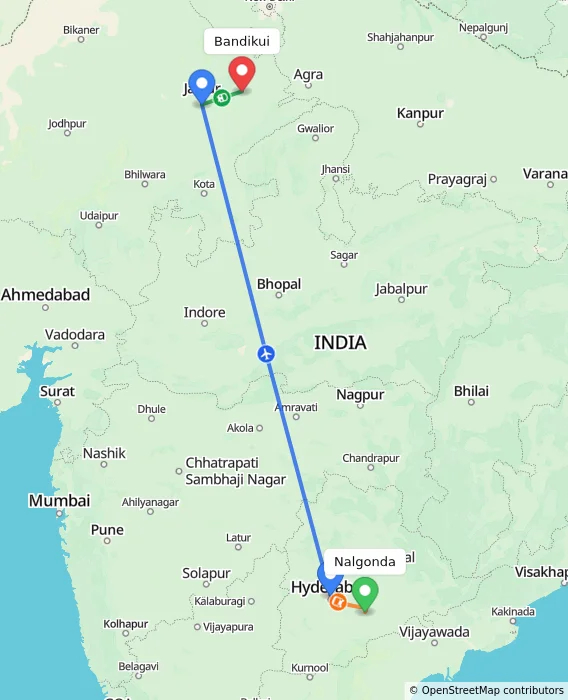 Route map showing distance and travel time from Nalgonda, India to Bandikui, India