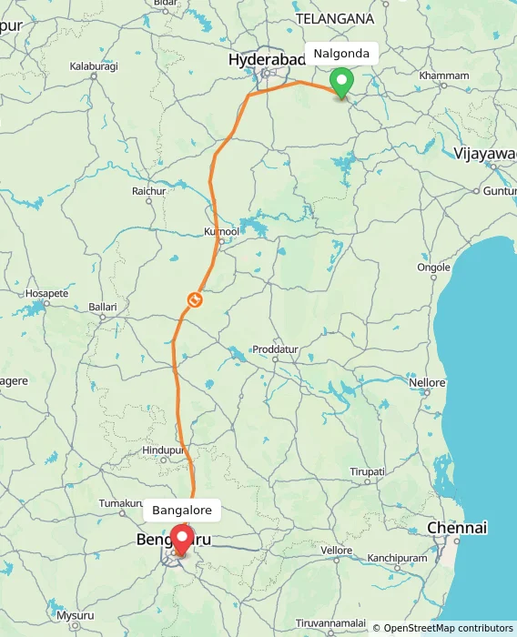 Route map showing distance and travel time from Nalgonda, India to Bangalore, India