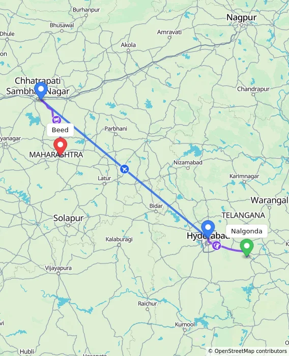Route map showing distance and travel time from Nalgonda, India to Beed, India