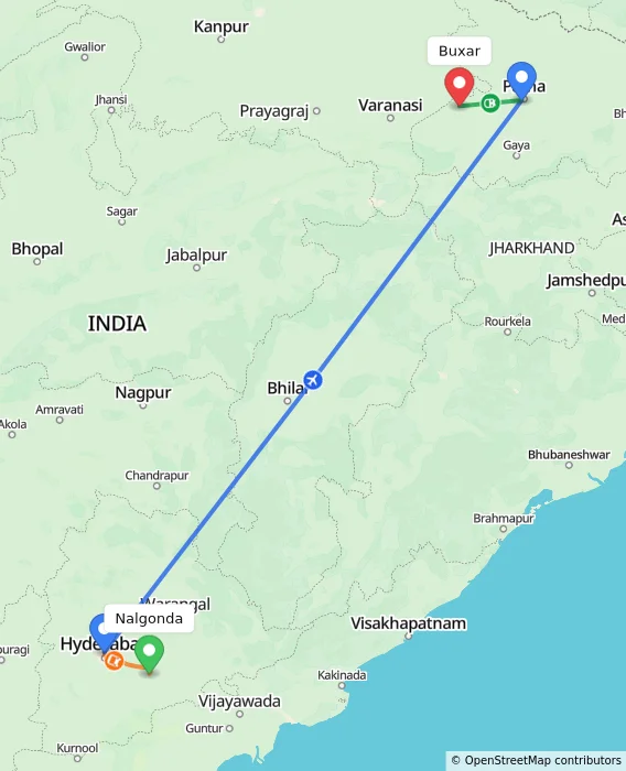 Route map showing distance and travel time from Nalgonda, India to Buxar, India