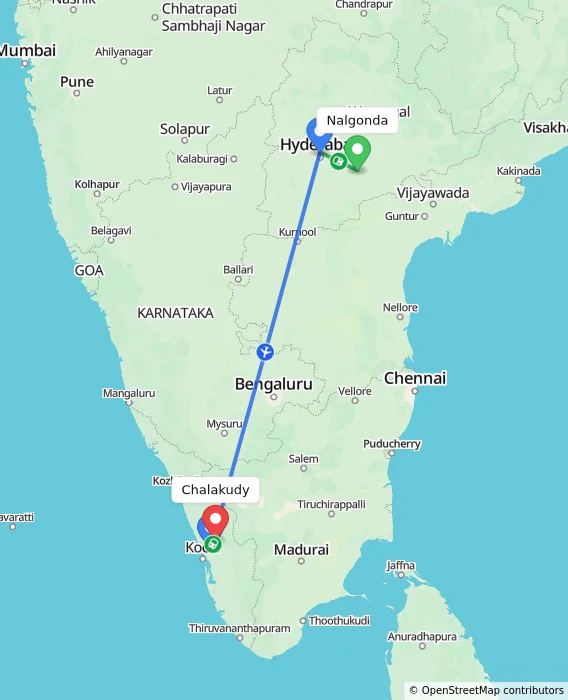 Route map showing distance and travel time from Nalgonda, India to Chalakudy, India