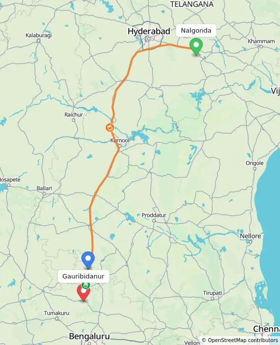 Route map showing distance and travel time from Nalgonda, India to Gauribidanur, India