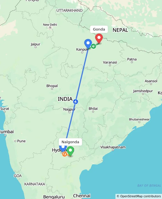 Route map showing distance and travel time from Nalgonda, India to Gonda, India