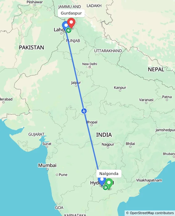 Route map showing distance and travel time from Nalgonda, India to Gurdaspur, India