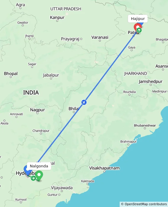 Route map showing distance and travel time from Nalgonda, India to Hajipur, India
