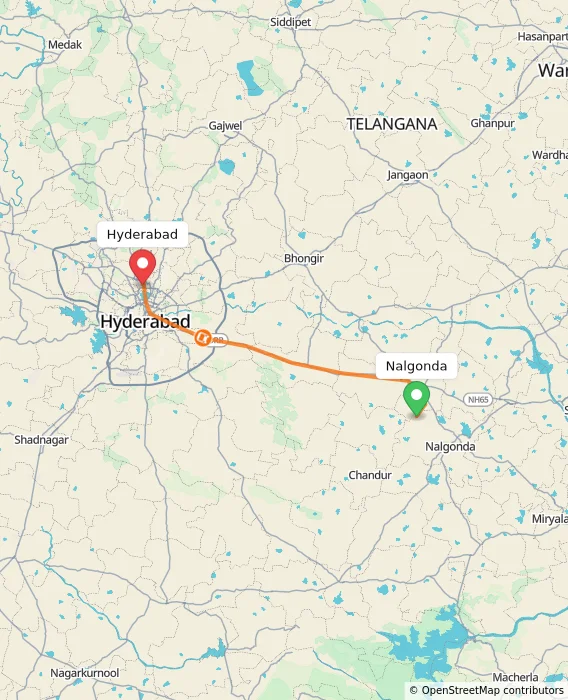 Route map showing distance and travel time from Nalgonda, India to Hyderabad, India