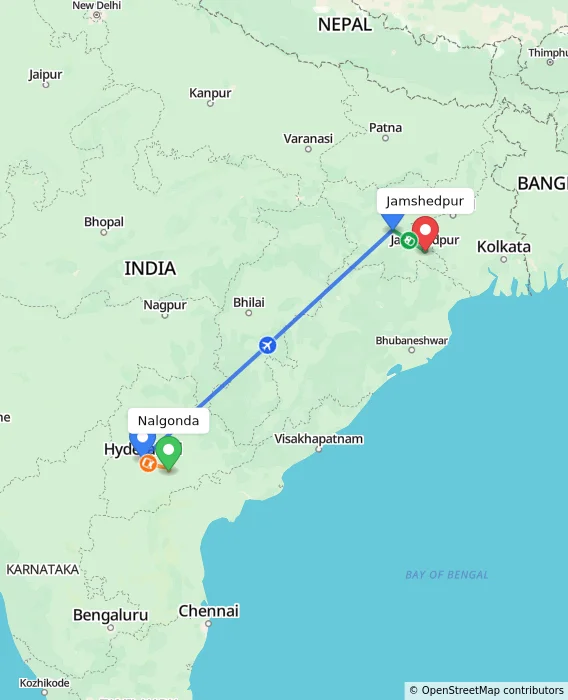 Route map showing distance and travel time from Nalgonda, India to Jamshedpur, India