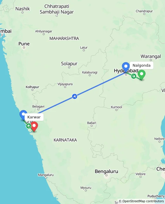 Route map showing distance and travel time from Nalgonda, India to Karwar, India