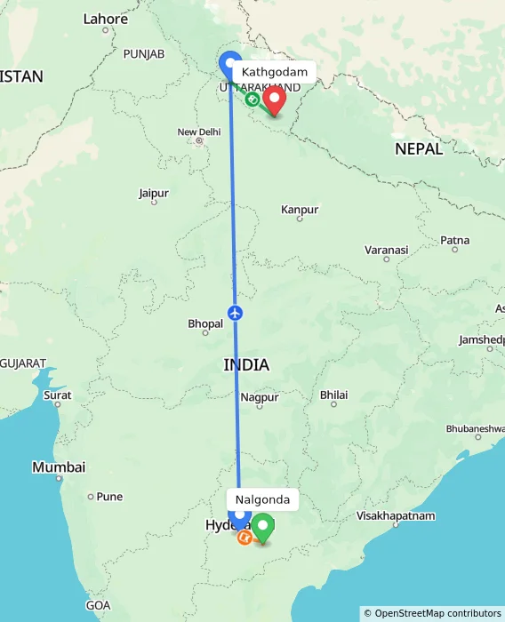 Route map showing distance and travel time from Nalgonda, India to Kathgodam, India