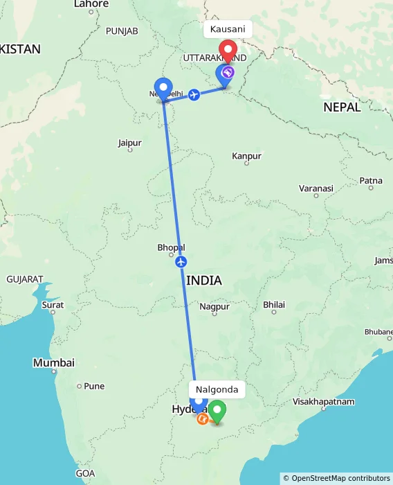 Route map showing distance and travel time from Nalgonda, India to Kausani, India