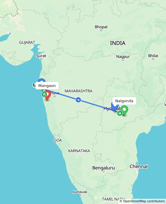 Route map showing distance and travel time from Nalgonda, India to Mangaon, India