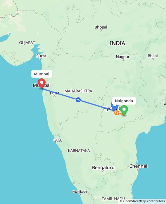 Route map showing distance and travel time from Nalgonda, India to Mumbai, India