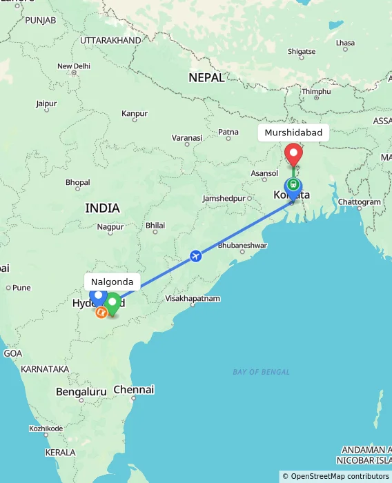 Route map showing distance and travel time from Nalgonda, India to Murshidabad, India