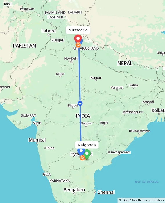Route map showing distance and travel time from Nalgonda, India to Mussoorie, India