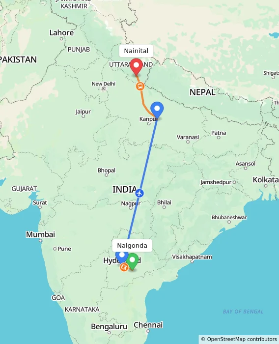 Route map showing distance and travel time from Nalgonda, India to Nainital, India