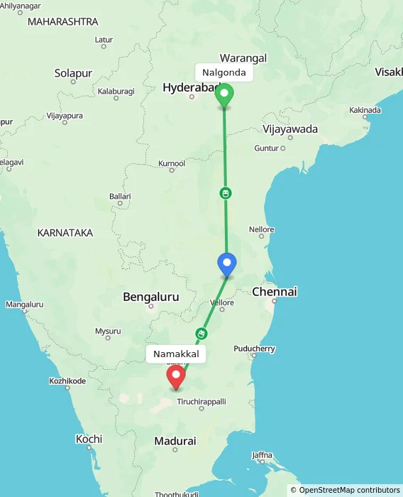 Route map showing distance and travel time from Nalgonda, India to Namakkal, India