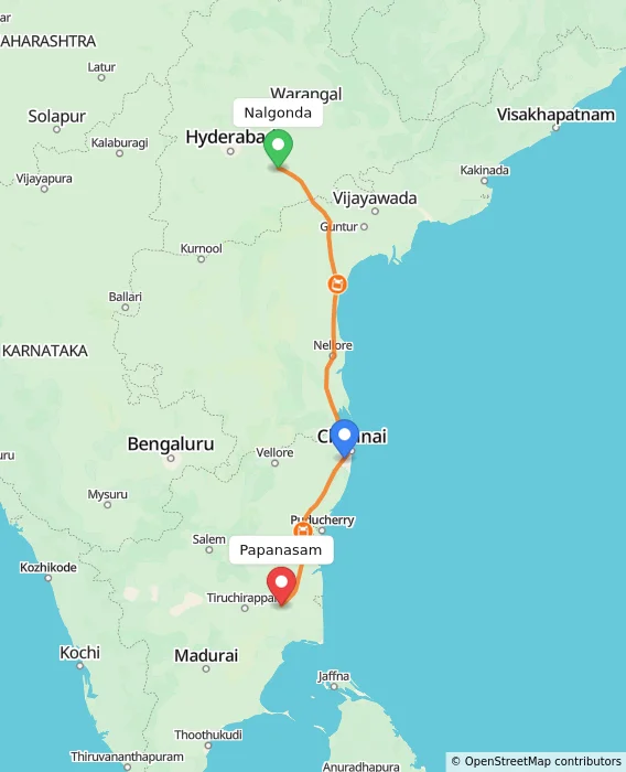 Route map showing distance and travel time from Nalgonda, India to Papanasam, India