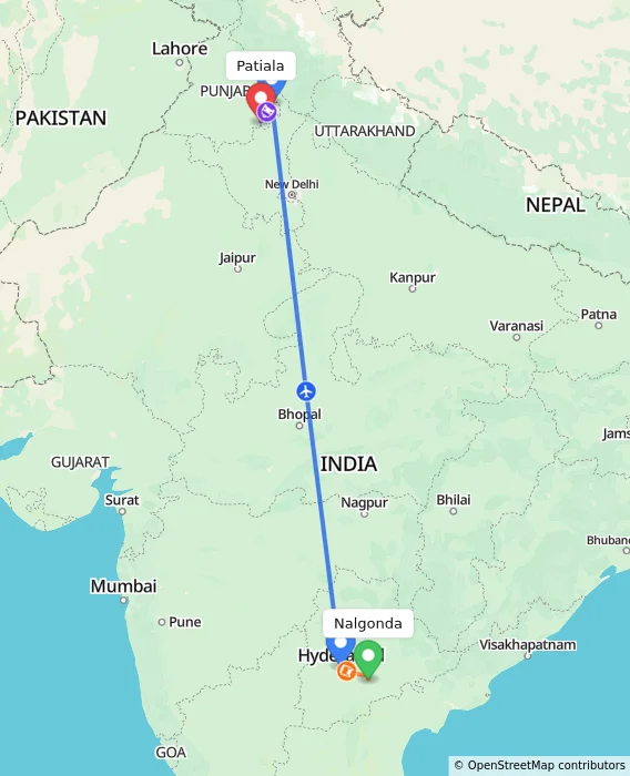 Route map showing distance and travel time from Nalgonda, India to Patiala, India