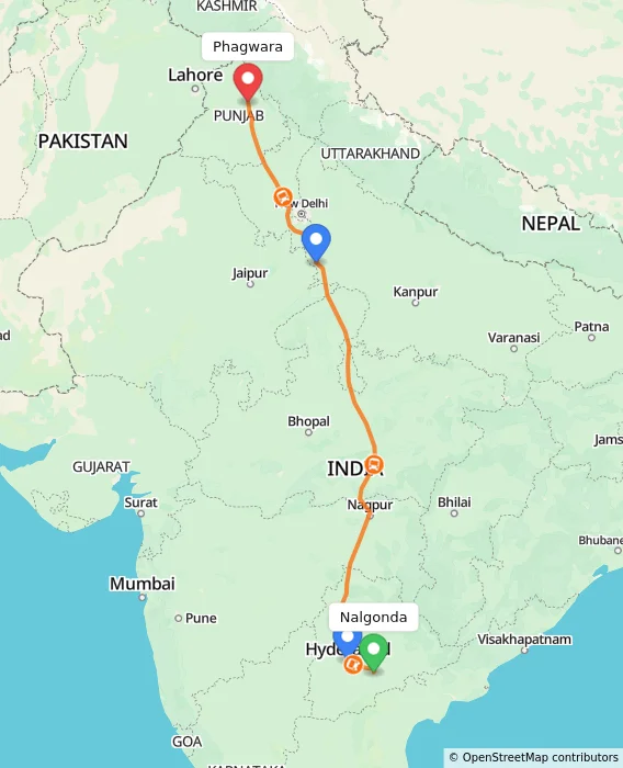 Route map showing distance and travel time from Nalgonda, India to Phagwara, India