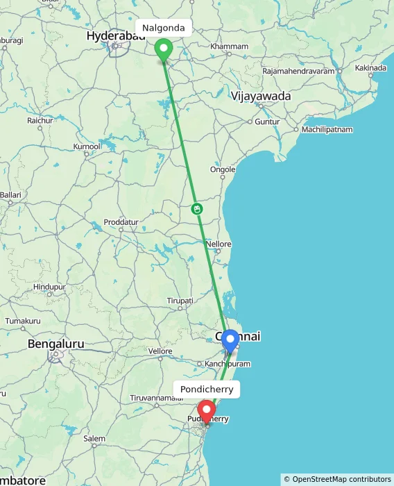 Route map showing distance and travel time from Nalgonda, India to Pondicherry, India