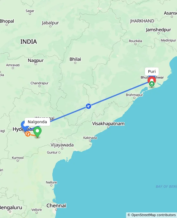 Route map showing distance and travel time from Nalgonda, India to Puri, India