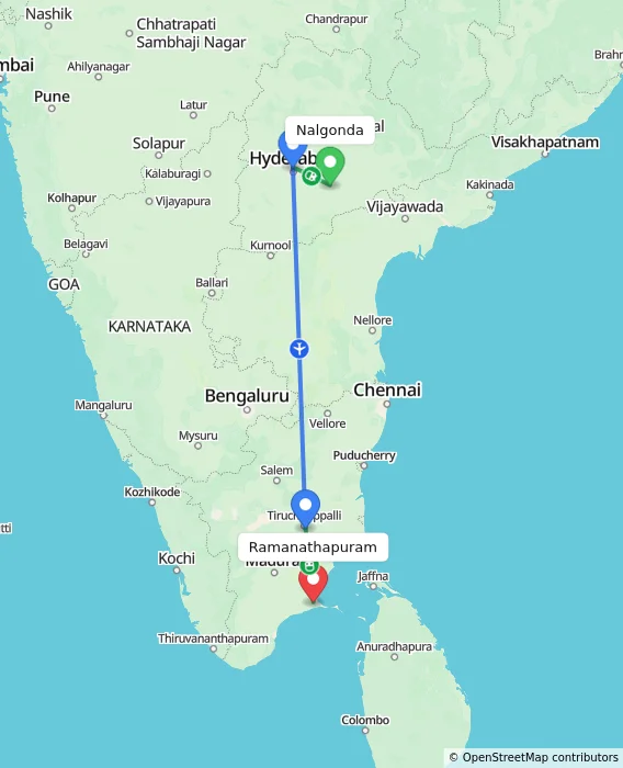 Route map showing distance and travel time from Nalgonda, India to Ramanathapuram, India