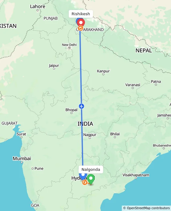 Route map showing distance and travel time from Nalgonda, India to Rishikesh, India