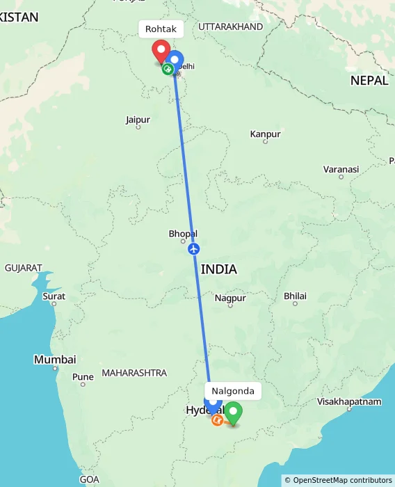 Route map showing distance and travel time from Nalgonda, India to Rohtak, India
