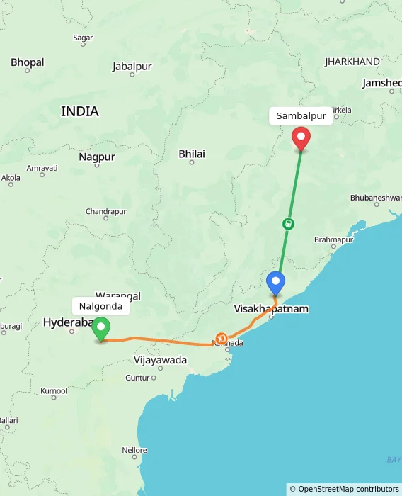 Route map showing distance and travel time from Nalgonda, India to Sambalpur, India