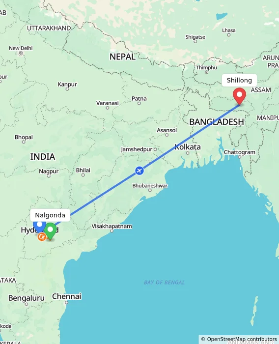 Route map showing distance and travel time from Nalgonda, India to Shillong, India