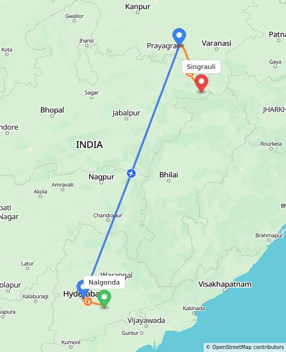 Route map showing distance and travel time from Nalgonda, India to Singrauli, India