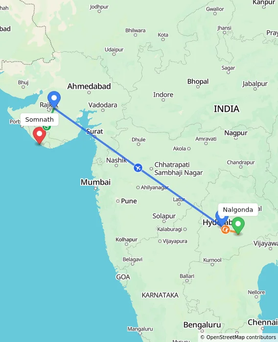 Route map showing distance and travel time from Nalgonda, India to Somnath, India